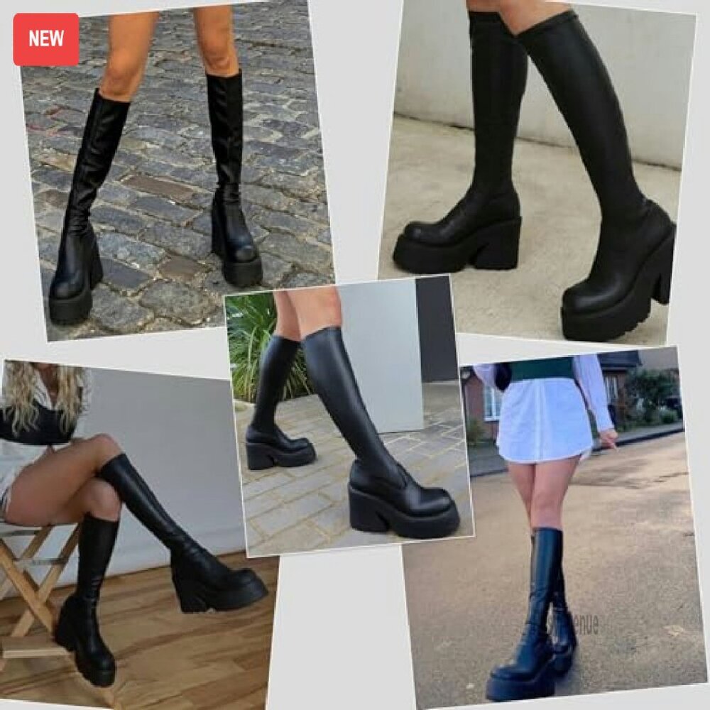 Knee High Platform Combat Boots Elastic Leather Chunky Heel Zipper - Picture 7 of 8